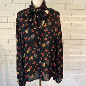 Coldwater Creek 100% Silk Black Floral Blouse with Tie Womens XL
